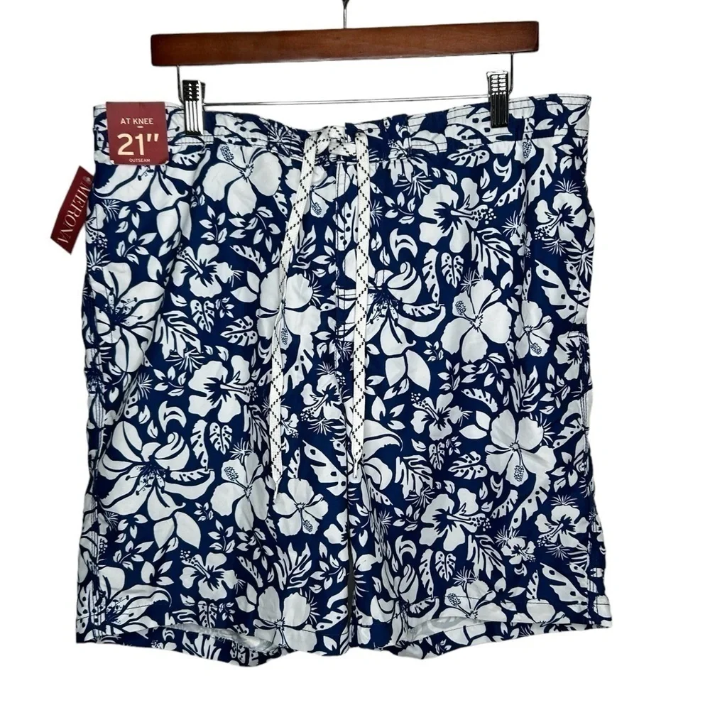 New Merona Swim Board Shorts Men’s Large Blue White Floral Hawaiian BNWT